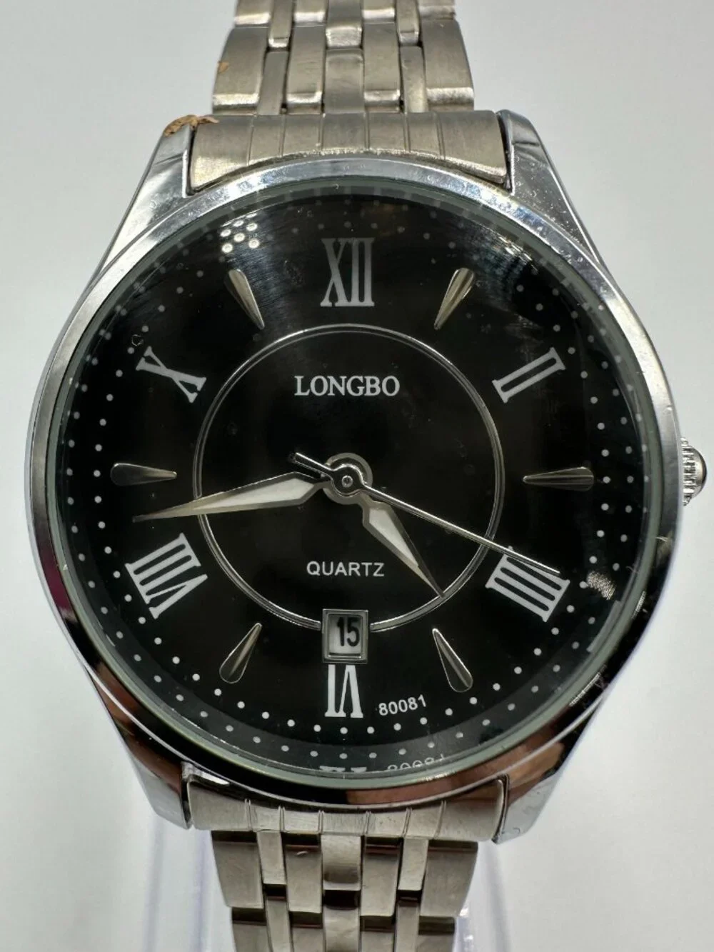 3/$30 Longbo Watch Men Silver Tone Black Dial Date Window 29MM New Battery 8”